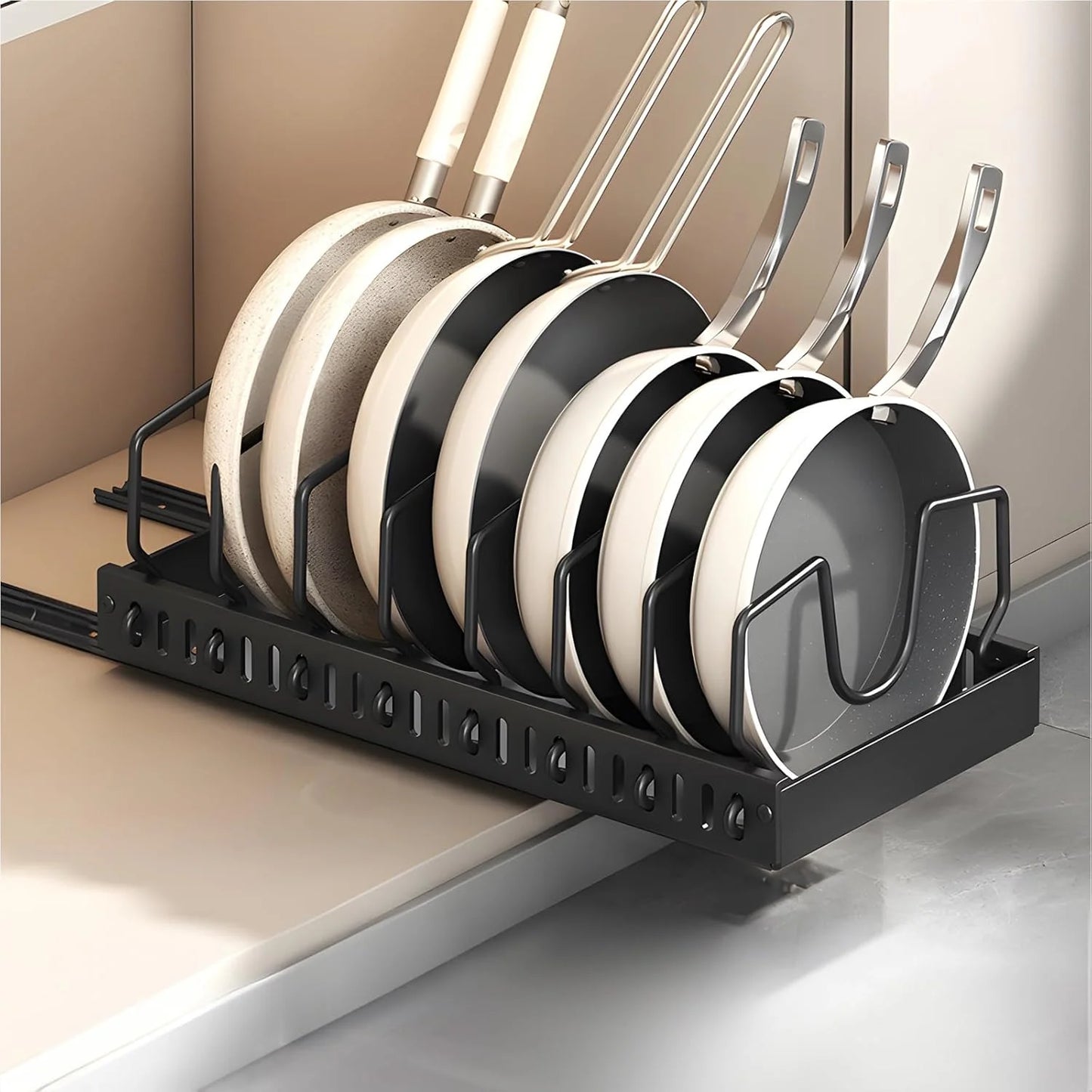 Pull-Out Pots & Pans Organizer – Under Cabinet Storage Rack with Adjustable Dividers & Lid Holder