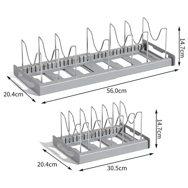 Expandable Pan & Pot Organizer Rack – 7 Adjustable Compartments for Lids, Dishes & Utensils