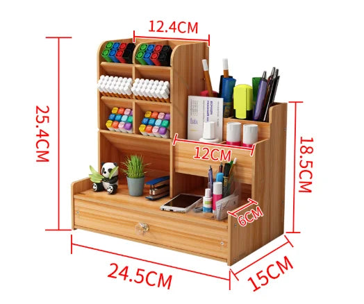 Wooden Desk Organizer – DIY Pen Holder & Stationery Storage Box with Drawer for Home Office