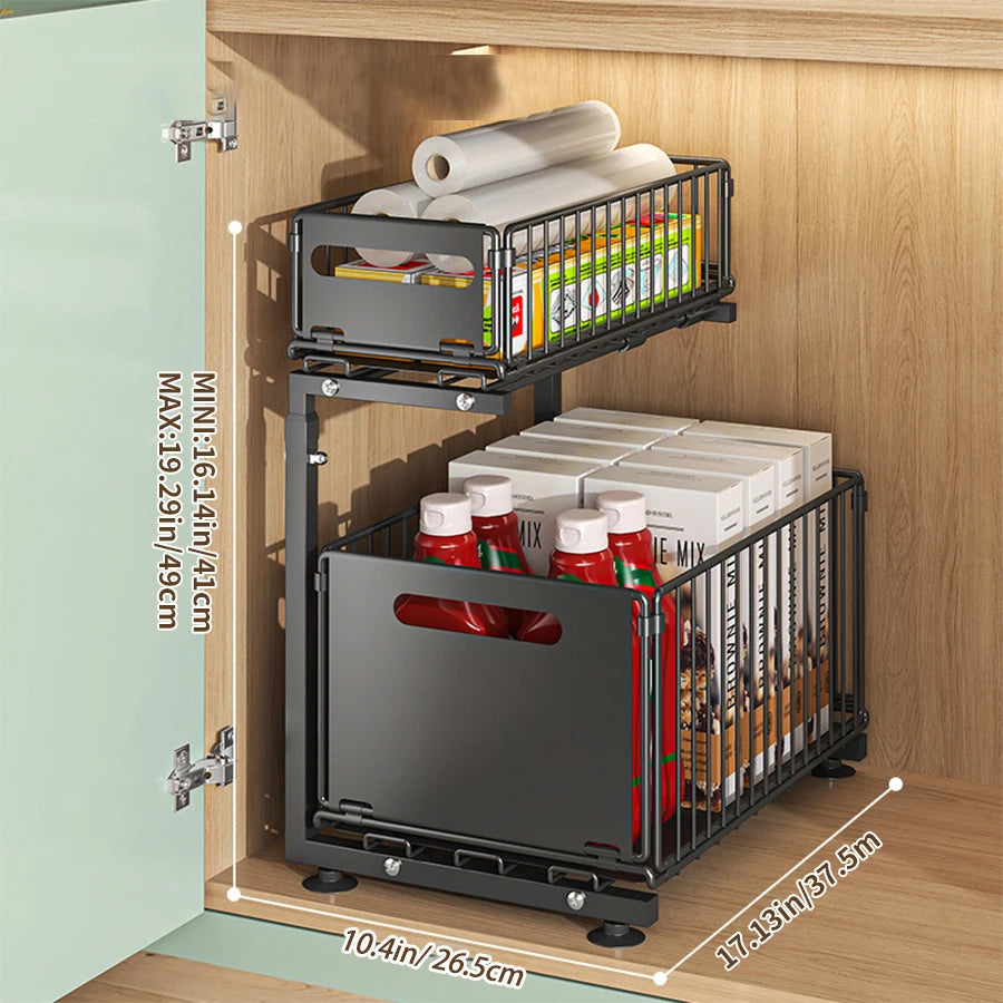 2-Tier Pull-Out Under Sink Organizer – Adjustable Sliding Shelf for Kitchen & Bathroom Cabinet