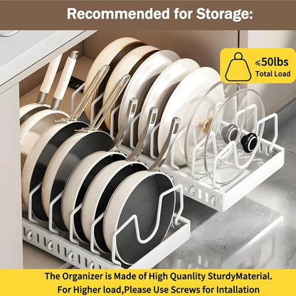 Pull-Out Pots & Pans Organizer – Under Cabinet Storage Rack with Adjustable Dividers & Lid Holder