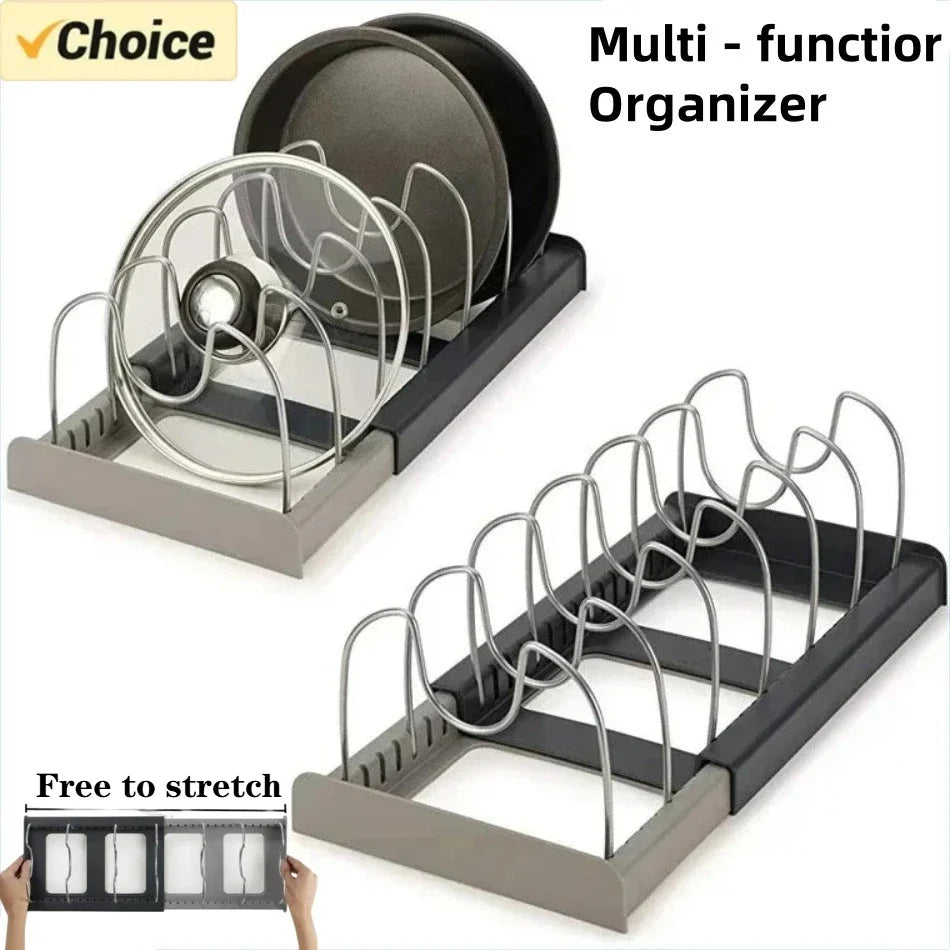 Telescopic Pot & Pan Organizer Rack – 7-Grid Adjustable Cabinet Holder for Pots, Pans & Lids