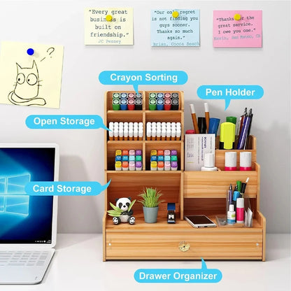 Wooden Desk Organizer – DIY Pen Holder & Stationery Storage Box with Drawer for Home Office