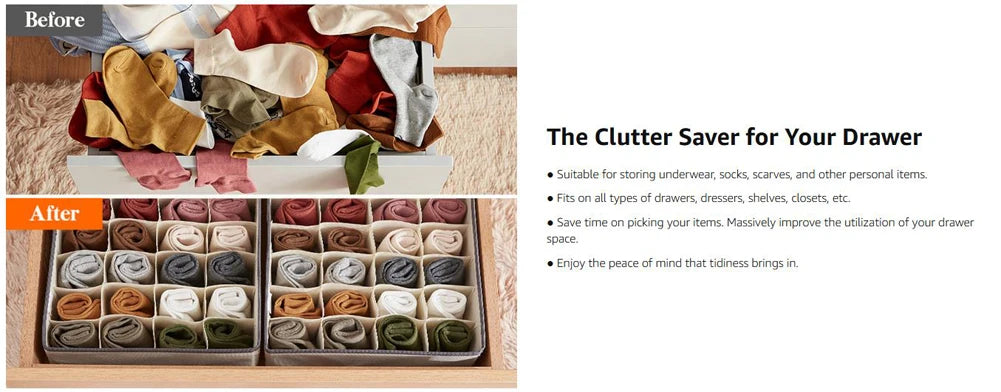 Sock & Underwear Drawer Organizer – Foldable Closet Divider Bins