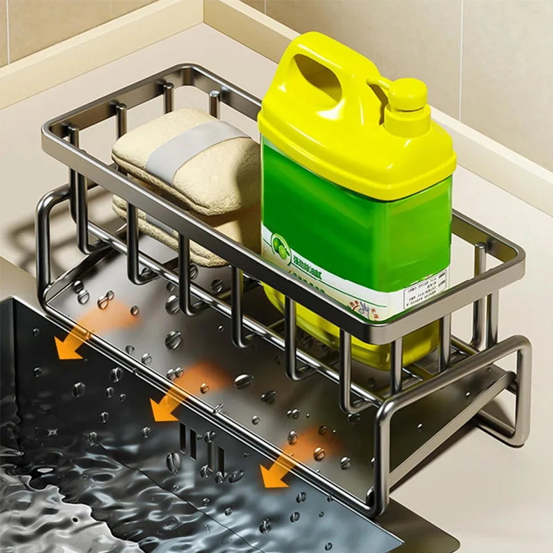 Kitchen Sink Organizer – Carbon Steel Sponge & Brush Holder with Drip Tray