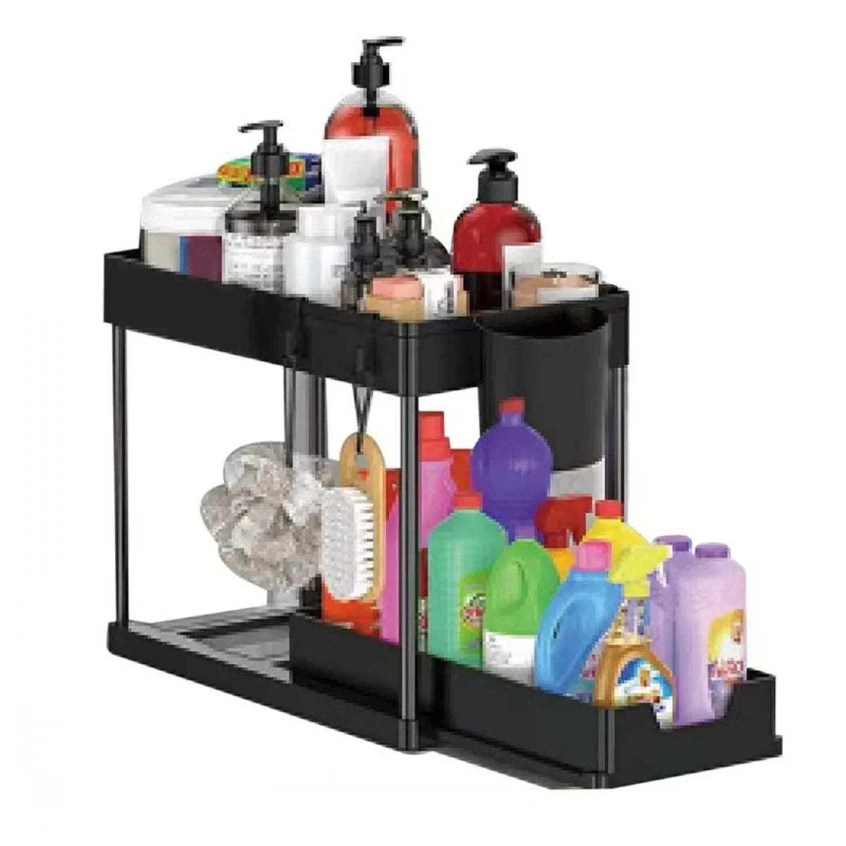 2-Tier Under Sink Organizer – Sliding Basket with Hooks for Kitchen & Bathroom