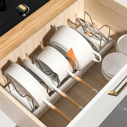 Expandable Pan & Pot Organizer Rack – 7 Adjustable Compartments for Lids, Dishes & Utensils