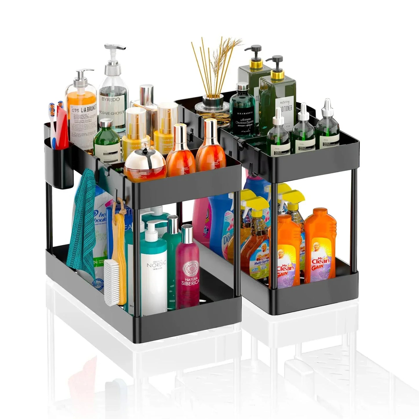 2-Tier Under Sink Organizer – Sliding Cabinet Basket with Hooks for Kitchen & Bathroom