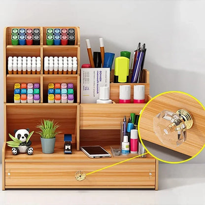 Wooden Desk Organizer – DIY Pen Holder & Stationery Storage Box with Drawer for Home Office