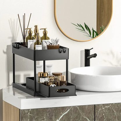 2-Tier Under Sink Organizer – Sliding Basket with Hooks for Kitchen & Bathroom