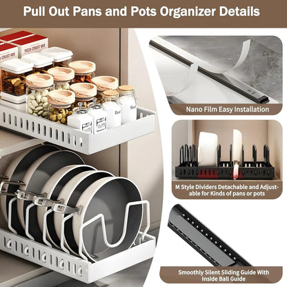 Pull-Out Pots & Pans Organizer – Under Cabinet Storage Rack with Adjustable Dividers & Lid Holder