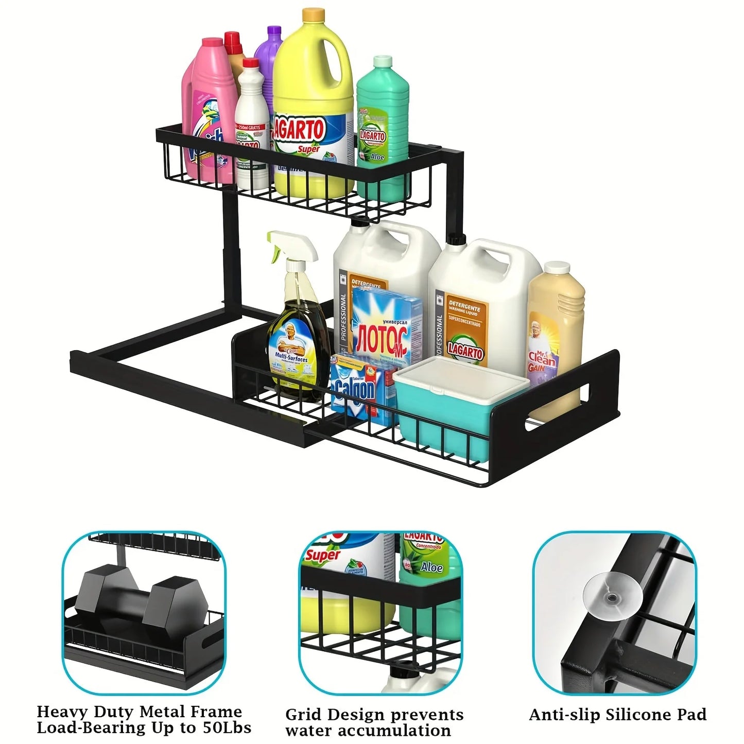 2-Tier Pull Out Under Sink Organizer – Sliding Shelf Cabinet Storage for Kitchen & Bathroom