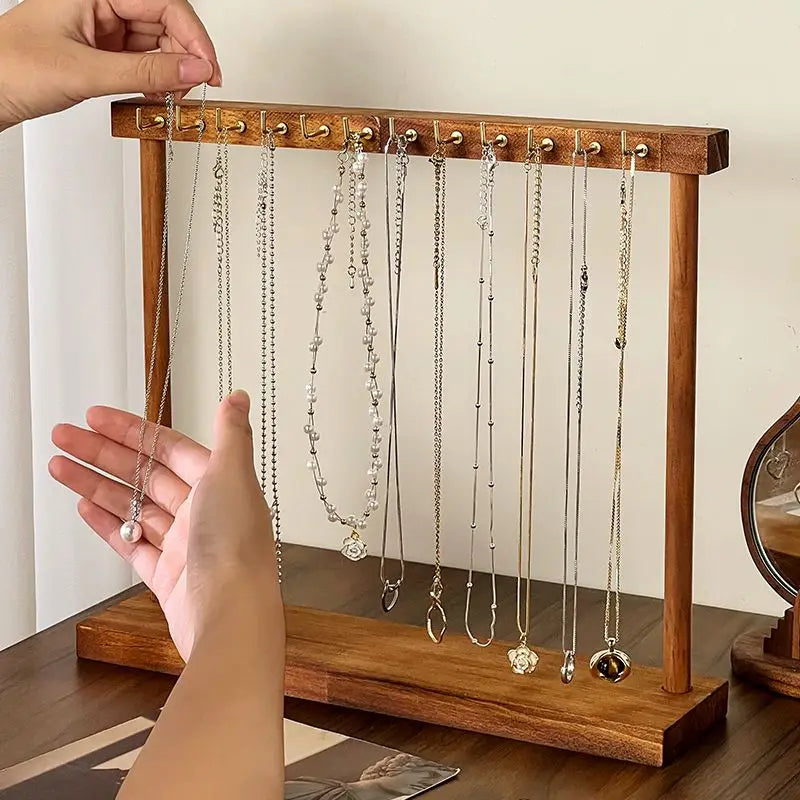 Wooden Jewelry Organizer Display Stand – Necklace Rack for Chains, Earrings & Bracelets