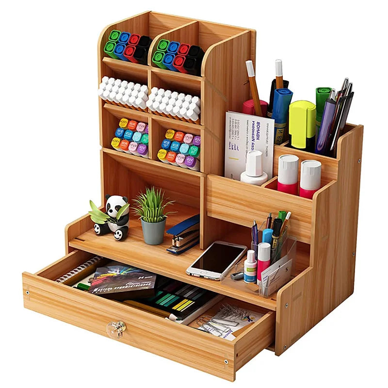 Wooden Desk Organizer – DIY Pen Holder & Stationery Storage Box with Drawer for Home Office