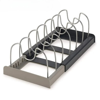 Telescopic Pot & Pan Organizer Rack – 7-Grid Adjustable Cabinet Holder for Pots, Pans & Lids