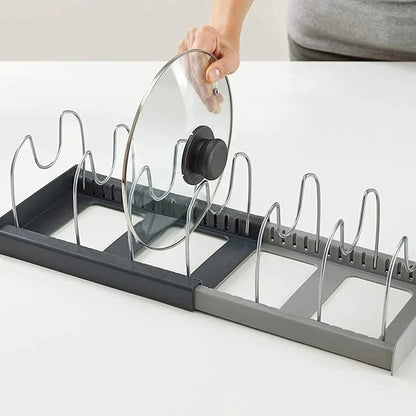 Telescopic Pot & Pan Organizer Rack – 7-Grid Adjustable Cabinet Holder for Pots, Pans & Lids