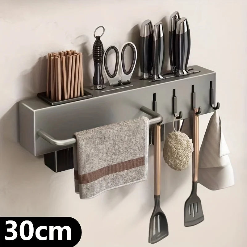 Wall-Mounted Kitchen Organizer – No-Drill Carbon Steel Knife & Utensil Rack, Space Saving