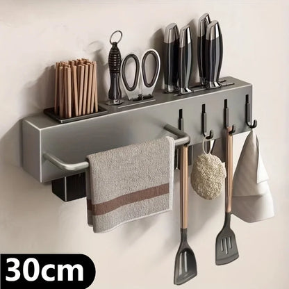 Wall-Mounted Kitchen Organizer – No-Drill Carbon Steel Knife & Utensil Rack, Space Saving
