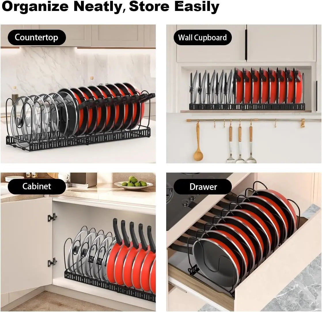 Pot & Pan Organizer Rack for Cabinet – Expandable Lid Holder with 10 Adjustable Dividers