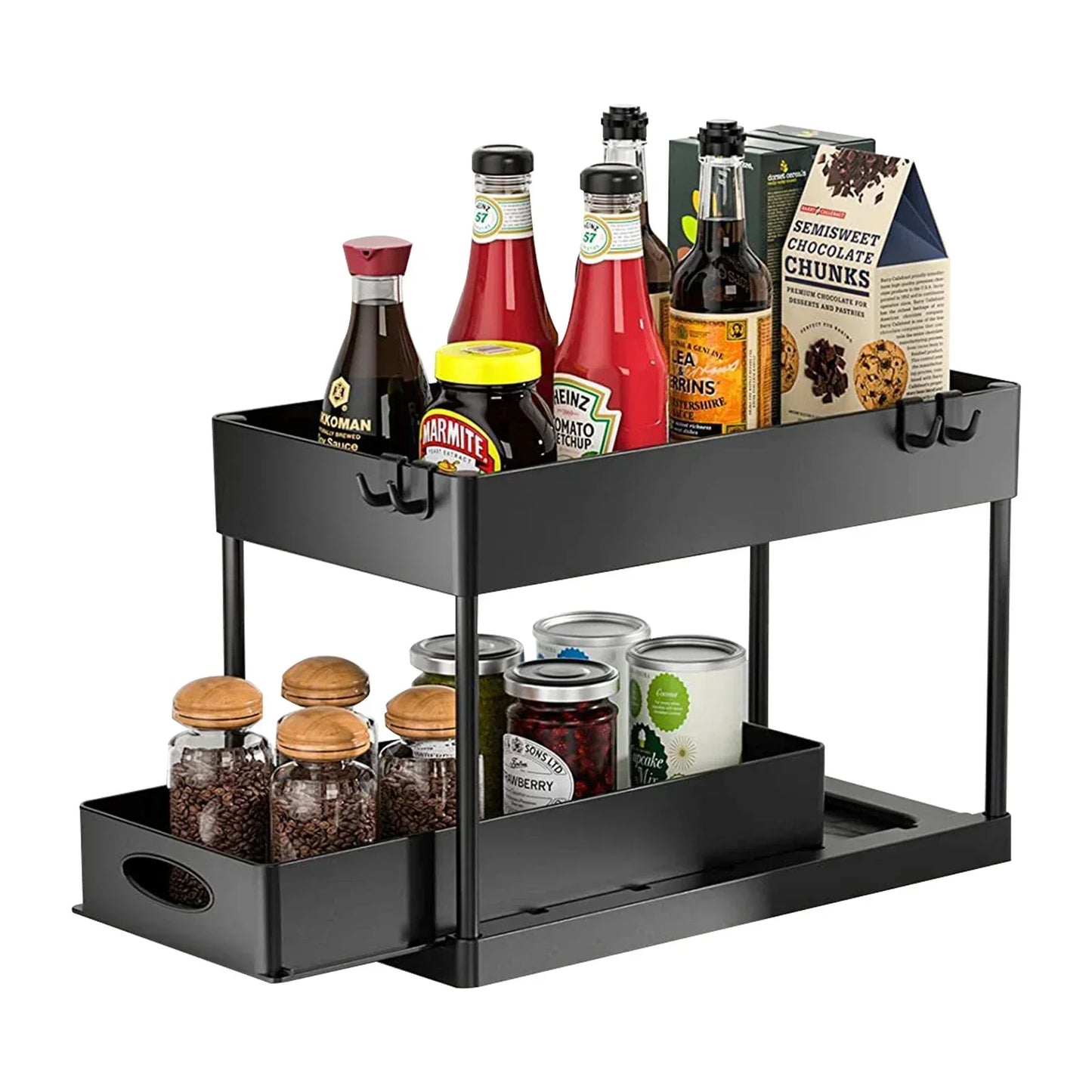 2-Tier Under Sink Organizer – Sliding Basket with Hooks for Kitchen & Bathroom
