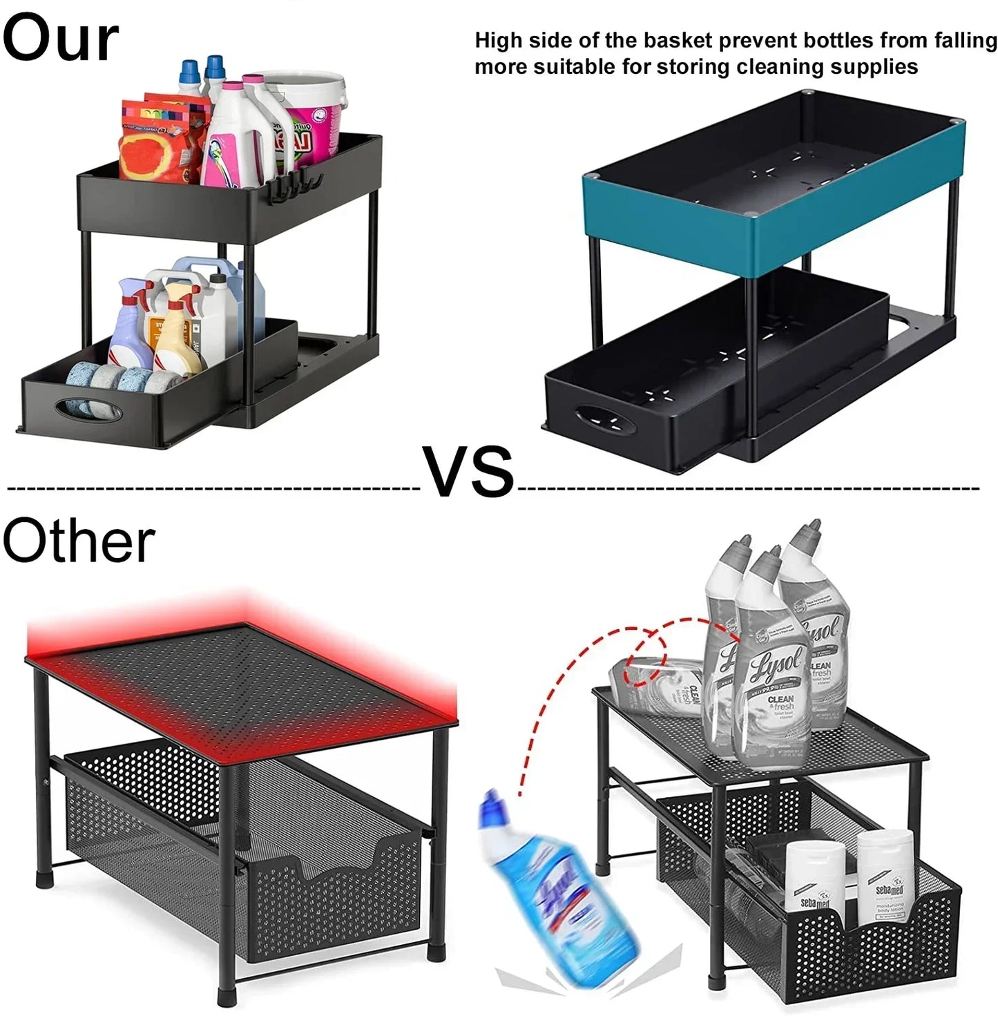 2-Tier Under Sink Organizer – Sliding Basket with Hooks for Kitchen & Bathroom