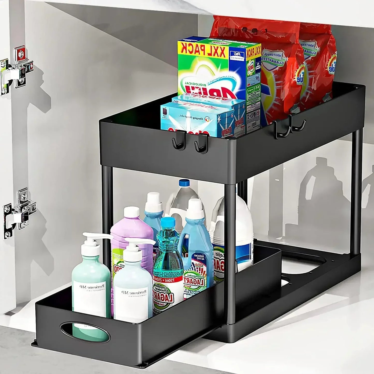 2-Tier Under Sink Organizer – Sliding Basket with Hooks for Kitchen & Bathroom