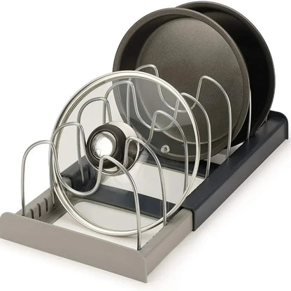 Telescopic Pot & Pan Organizer Rack – 7-Grid Adjustable Cabinet Holder for Pots, Pans & Lids