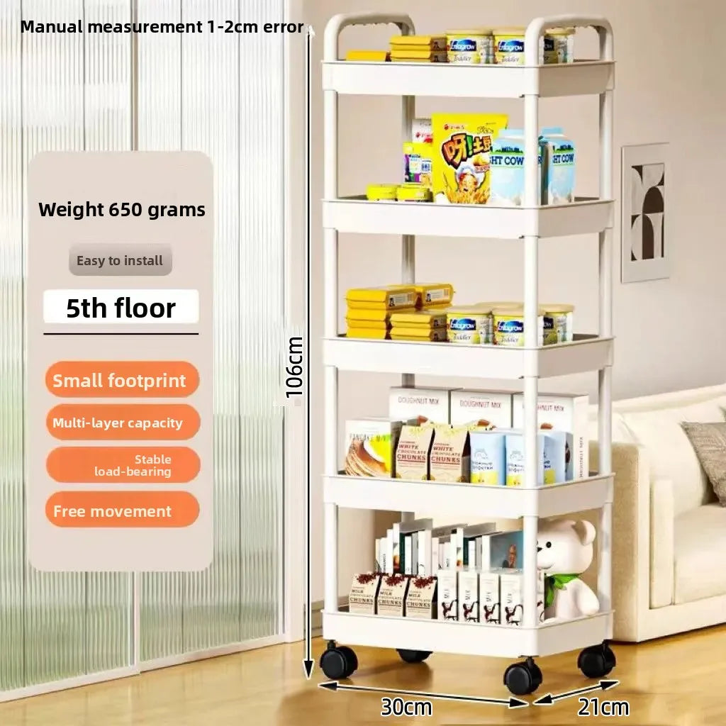 5-Tier Kitchen Storage Shelf – Freestanding Rolling Trolley Rack for Pantry, Snacks & Produce