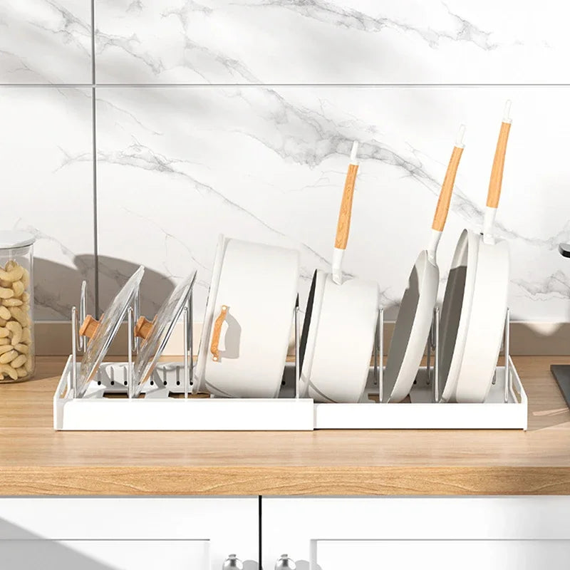 Expandable Pan & Pot Organizer Rack – 7 Adjustable Compartments for Lids, Dishes & Utensils