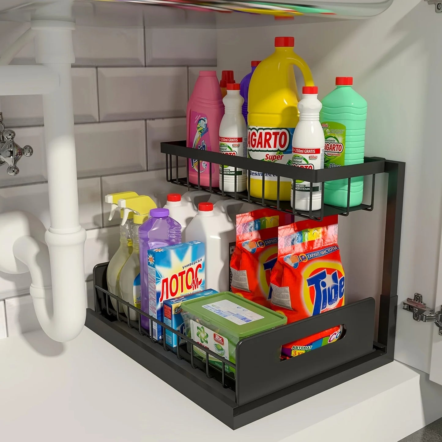 2-Tier Pull Out Under Sink Organizer – Sliding Shelf Cabinet Storage for Kitchen & Bathroom
