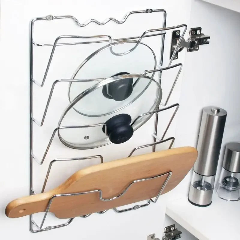 Wall-Mounted Pot Lid Organizer Rack – 5-Layer Iron Kitchen Storage for Lids & Utensils
