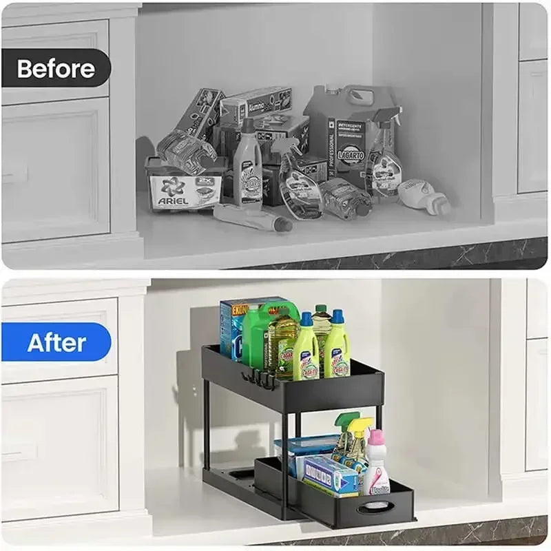 2-Tier Under Sink Organizer – Sliding Basket with Hooks for Kitchen & Bathroom
