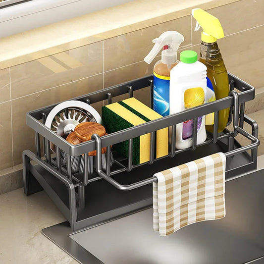 Kitchen Sink Organizer – Carbon Steel Sponge & Brush Holder with Drip Tray