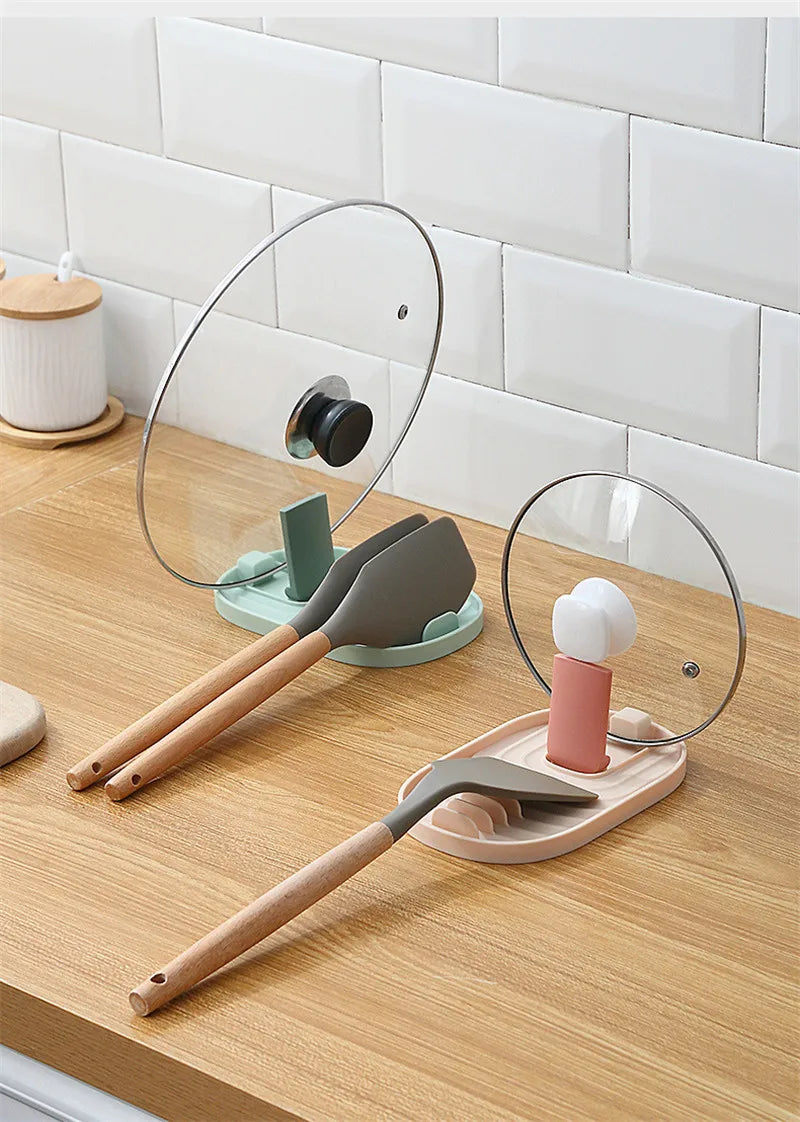 Countertop Pot Lid & Pan Organizer Rack – No-Drill Drying Stand with Spoon Rest