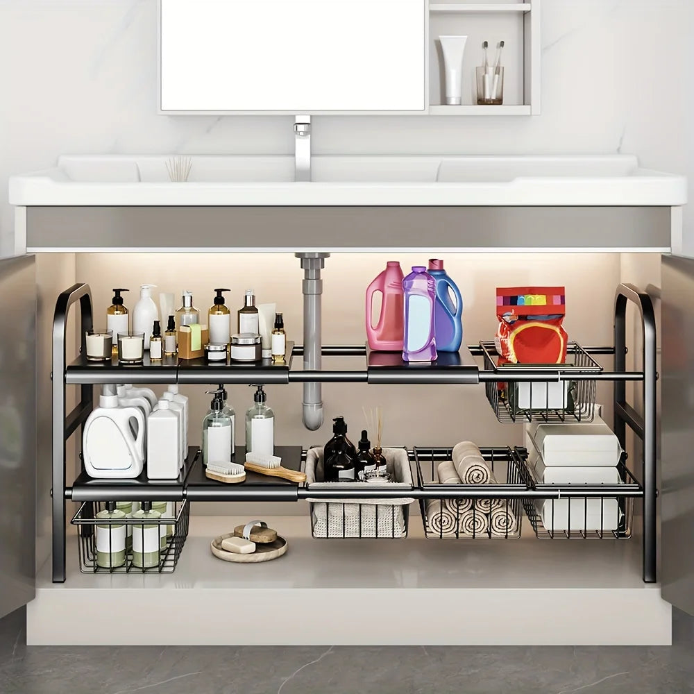 Expandable Under-Sink Cabinet Organizer – Multi-Use Shelf Rack for Kitchen & Bathroom