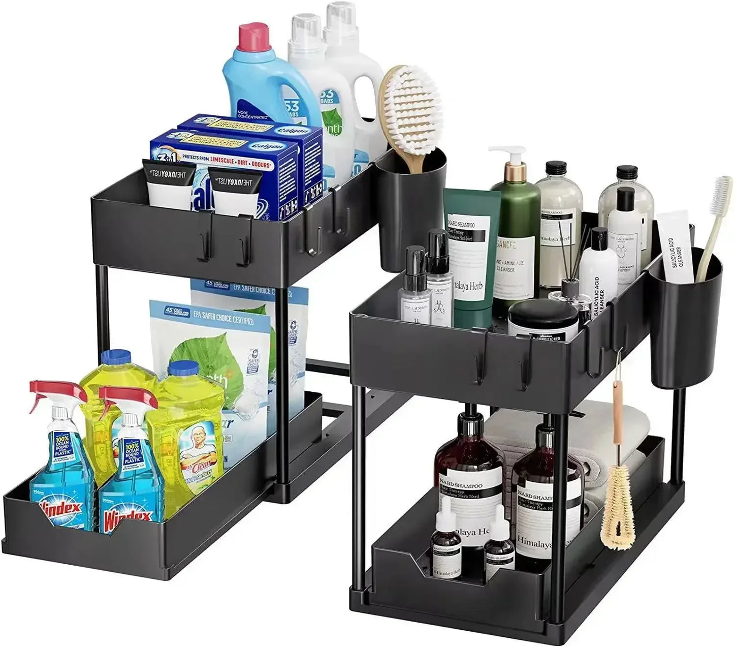 2-Tier Under Sink Organizer – Sliding Basket with Hooks for Kitchen & Bathroom