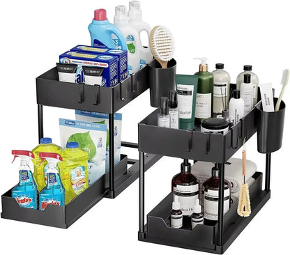 2-Tier Under Sink Organizer – Sliding Basket with Hooks for Kitchen & Bathroom