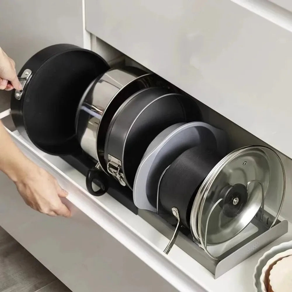 Telescopic Pot & Pan Organizer Rack – 7-Grid Adjustable Cabinet Holder for Pots, Pans & Lids