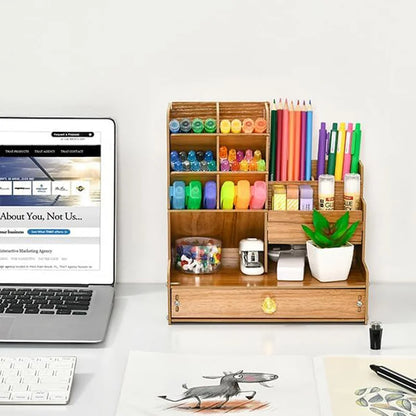 Wooden Desk Organizer – DIY Pen Holder & Stationery Storage Box with Drawer for Home Office