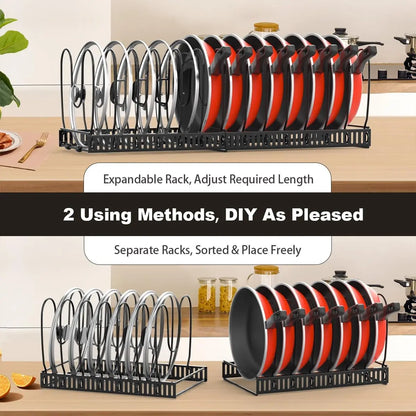 Pot & Pan Organizer Rack for Cabinet – Expandable Lid Holder with 10 Adjustable Dividers