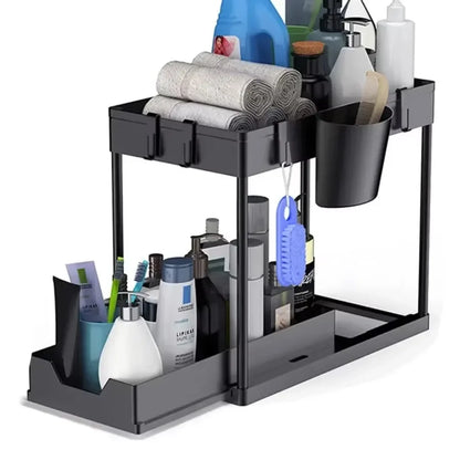 2-Tier Under Sink Organizer – Sliding Basket with Hooks for Kitchen & Bathroom