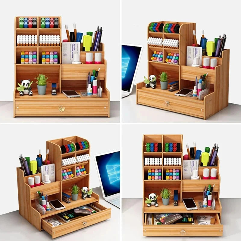 Wooden Desk Organizer – DIY Pen Holder & Stationery Storage Box with Drawer for Home Office