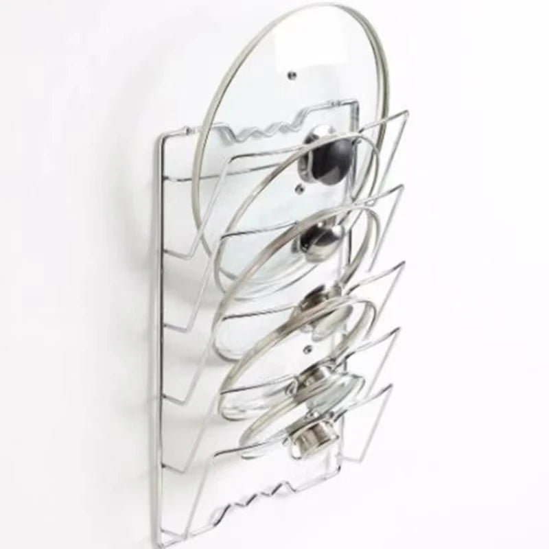 Wall-Mounted Pot Lid Organizer Rack – 5-Layer Iron Kitchen Storage for Lids & Utensils