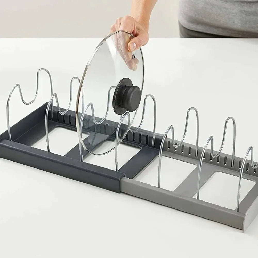 Telescopic Pot & Pan Organizer Rack – 7-Grid Adjustable Cabinet Holder for Pots, Pans & Lids
