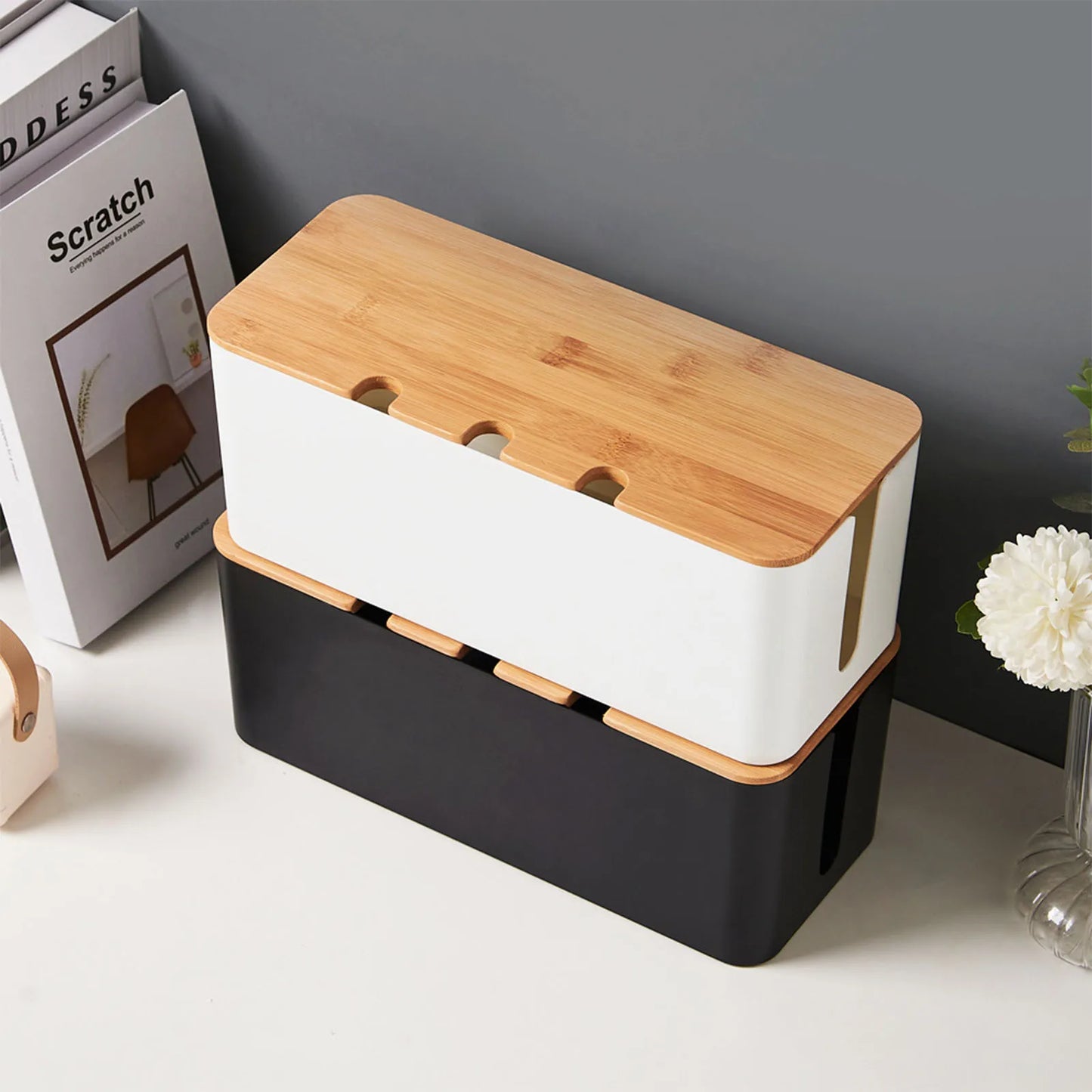 Cable Management Box – Wooden Style Cord Organizer for TV, Computer & Power Strip