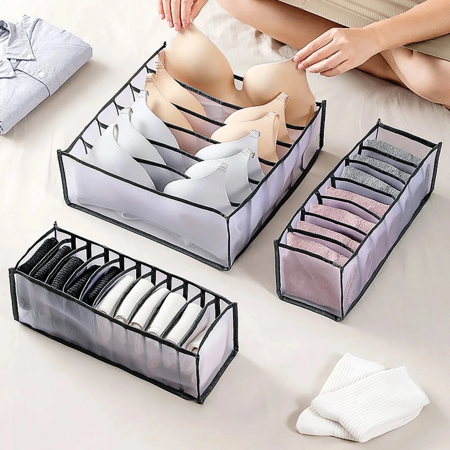 Foldable Clothing Drawer Organizer – Multi-Grid Nylon Storage Box for Jeans, Socks, Bras & Ties