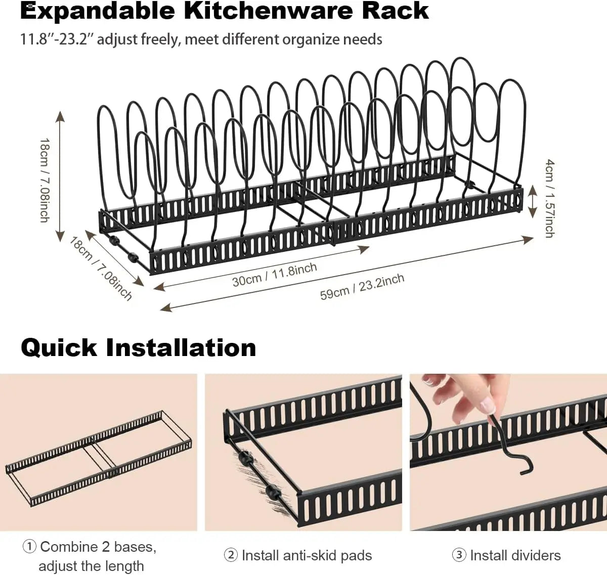 Pot & Pan Organizer Rack for Cabinet – Expandable Lid Holder with 10 Adjustable Dividers