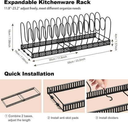 Pot & Pan Organizer Rack for Cabinet – Expandable Lid Holder with 10 Adjustable Dividers