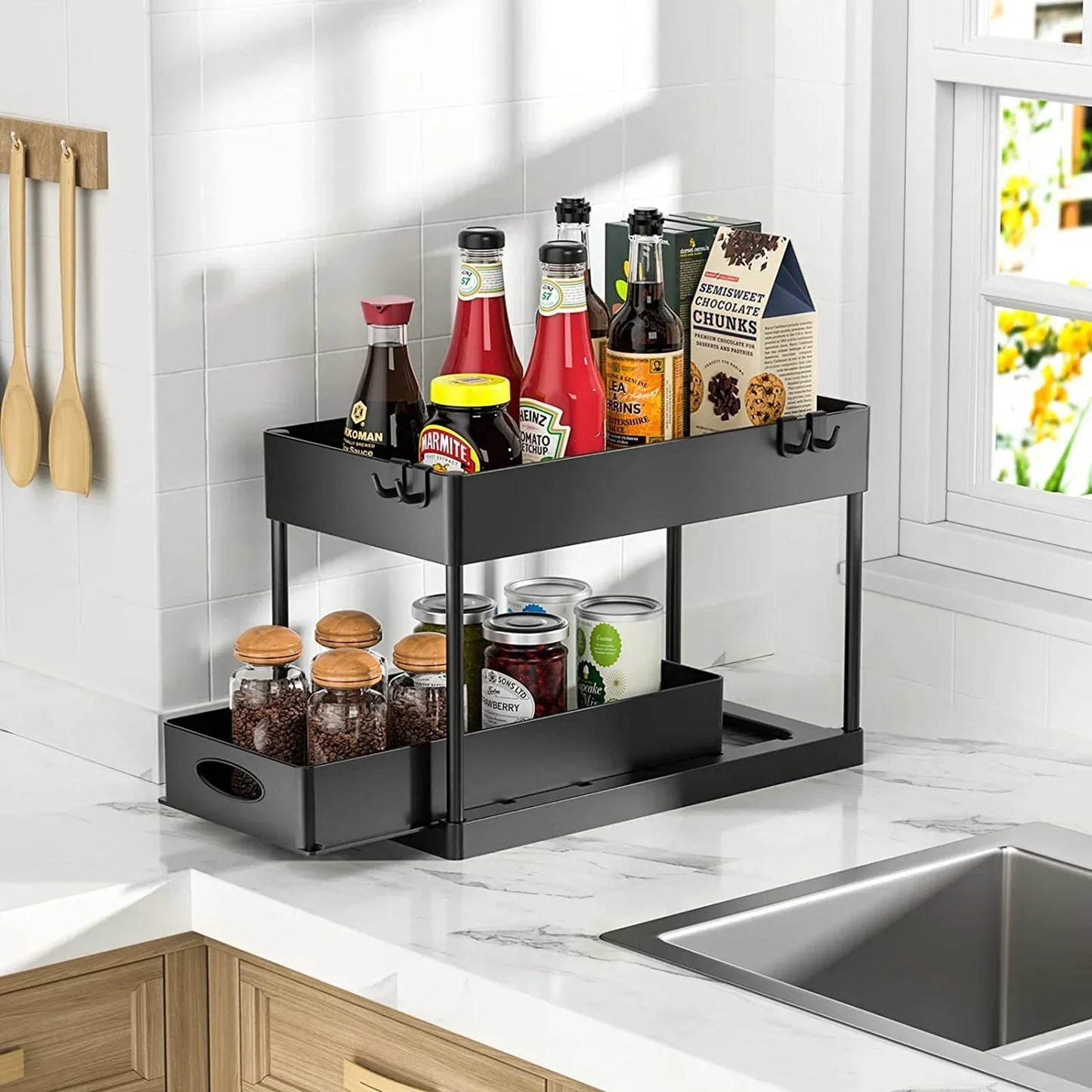 2-Tier Under Sink Organizer – Sliding Basket with Hooks for Kitchen & Bathroom