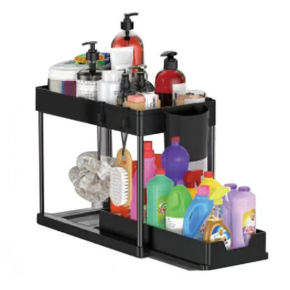 2-Tier Under Sink Organizer – Sliding Basket with Hooks for Kitchen & Bathroom